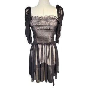 Amanda Uprichard Mesh Smocked Mini Dress Hurrah Womens Puff Sleeve Goth Black
